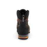 Zamberlan 1103 Storm GTX men's hiking boot in dark brown and orange, rear view of heel and padded black collar