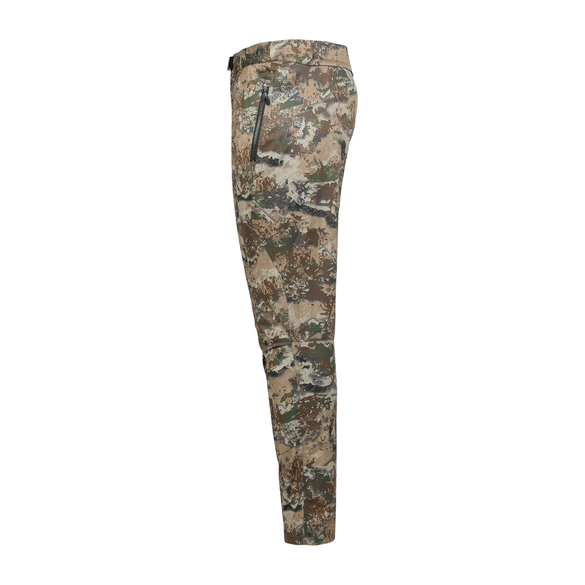 Spika Nomad men's hunting pants in Biarri Camo, side view of the leg and zip pocket