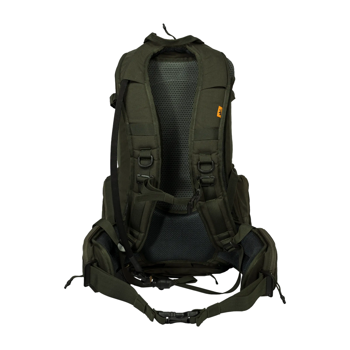 Spika Drover II Pro Pack 35L in Olive Summit, rear view of mesh back panel, shoulder straps and hip belt