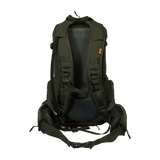 Spika Drover II Pro Pack 35L in Olive Summit, rear view of mesh back panel, shoulder straps and hip belt