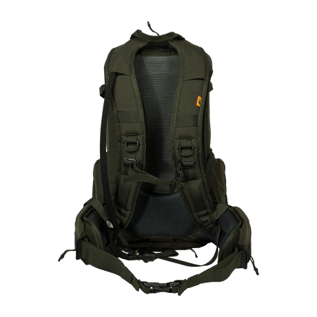 Spika Drover II Pro Pack 35L in Olive Summit, rear view of mesh back panel, shoulder straps and hip belt