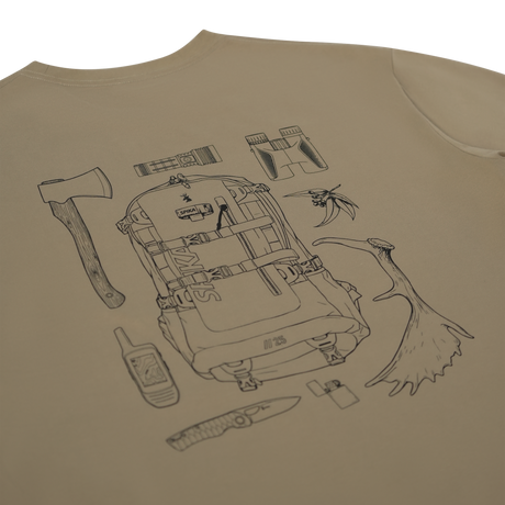 Mission T-shirt back print in Khaki: line drawing of a Spika pack, axe, torch, binoculars, GPS, knife and antler