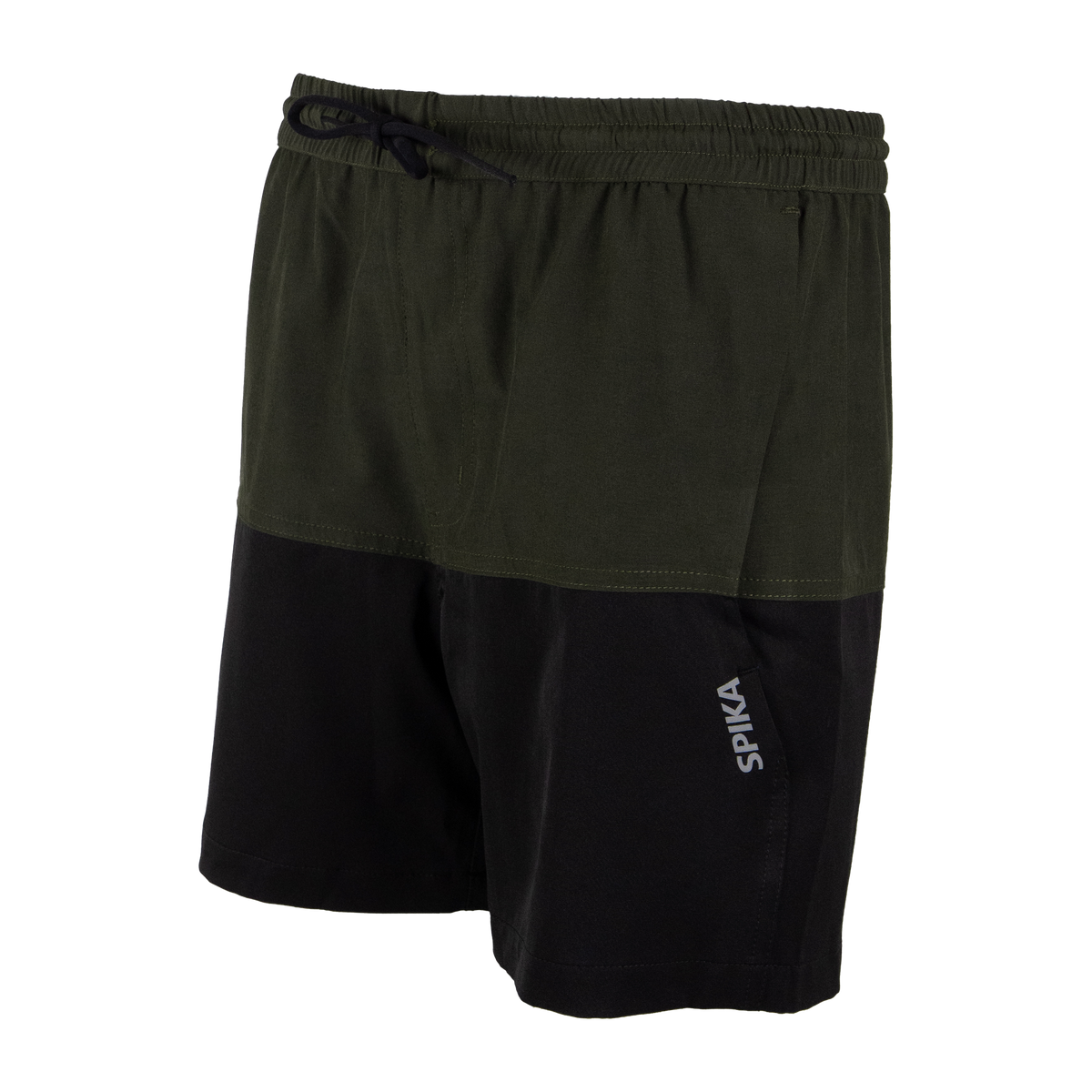 Spika Mako youth shorts in Olive/Black, three-quarter view showing Spika logo on the leg