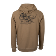 Spika GO Deer Camp men's hoodie in bone, back view with 4WD and stag skull campsite print