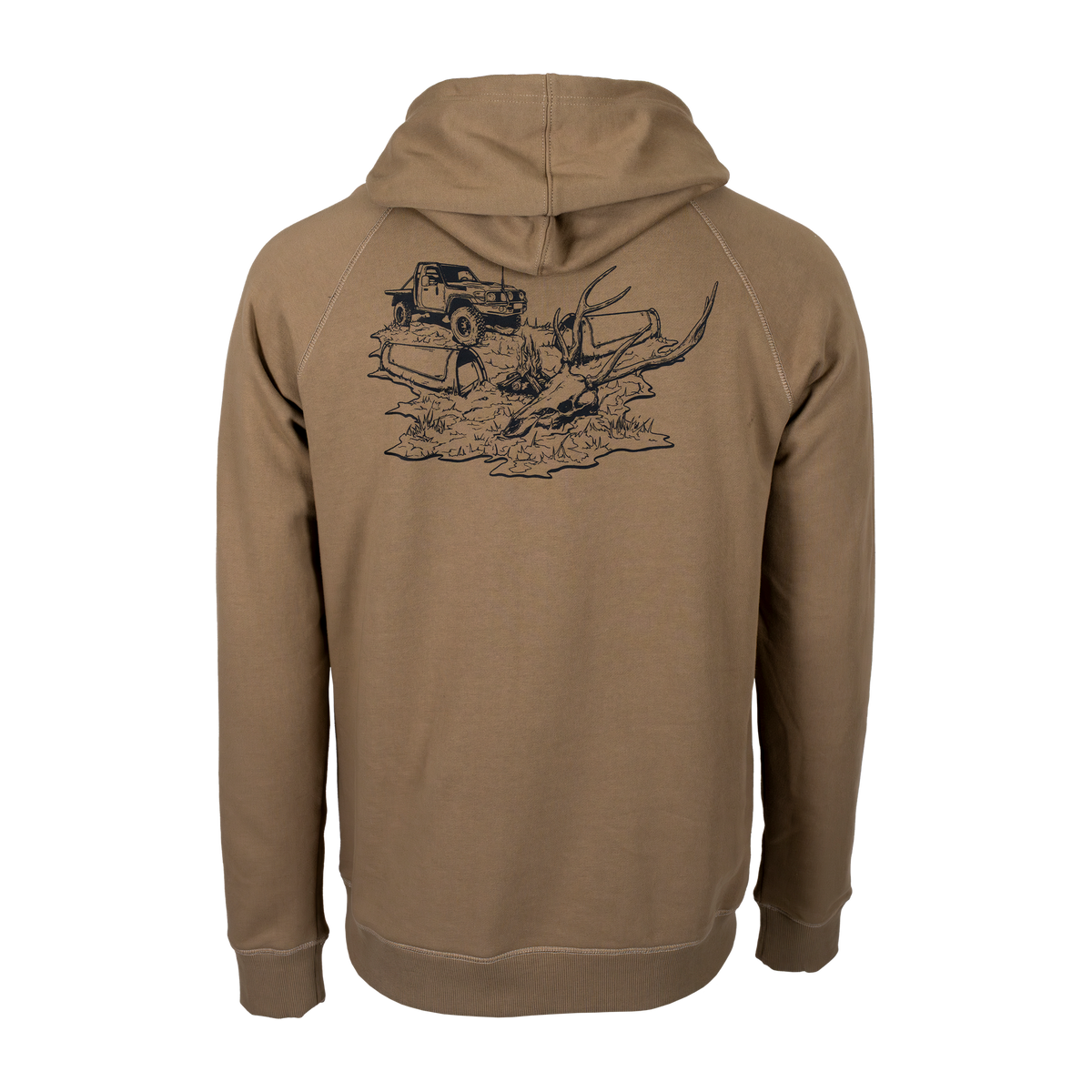 Spika GO Deer Camp men's hoodie in bone, back view with 4WD and stag skull campsite print
