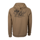 Spika GO Deer Camp men's hoodie in bone, back view with 4WD and stag skull campsite print