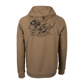 Spika GO Deer Camp men's hoodie in bone, back view with 4WD and stag skull campsite print