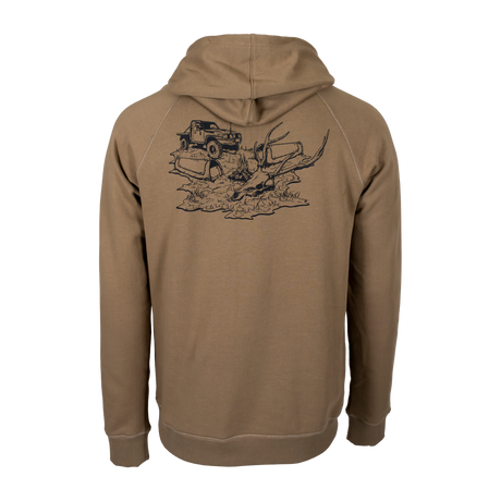Spika GO Deer Camp men's hoodie in bone, back view with 4WD and stag skull campsite print