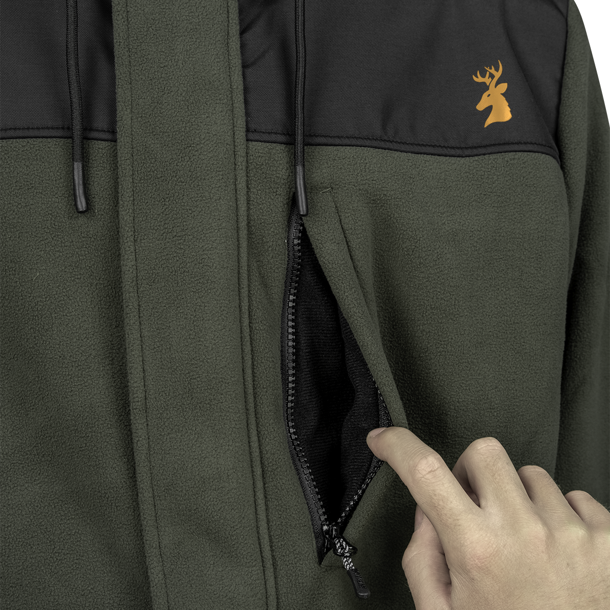 Spika Highpoint men's zip-through jacket in Olive, close-up of the zipped chest pocket opened