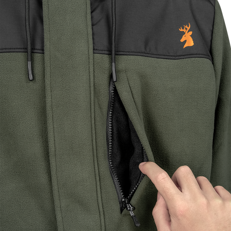 Spika Highpoint men's zip-through jacket in Olive, close-up of the zipped chest pocket opened