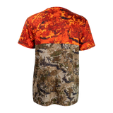 Spika Trail men's T-shirt in Biarri Blaze, back view with blaze orange shoulders and camo lower