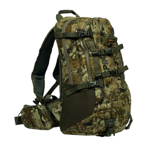 Spika Drover II Pro Pack 25L in Biarri Camo, three-quarter front view with compression straps and hip belt