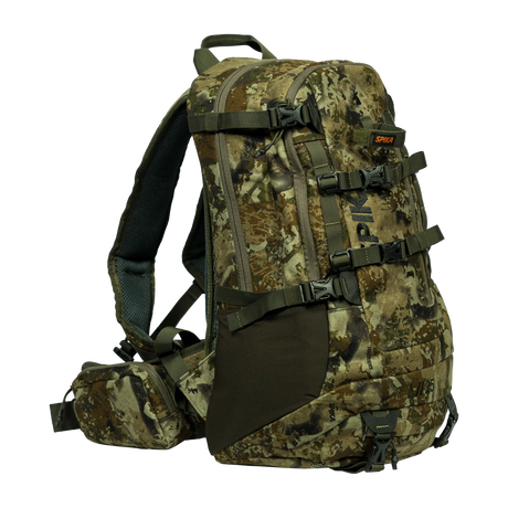 Spika Drover II Pro Pack 25L in Biarri Camo, three-quarter front view with compression straps and hip belt