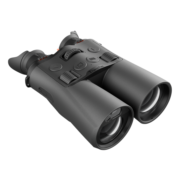 ThermTec Ventus 650L multi-spectrum binoculars in grey, front three-quarter view of objective lenses