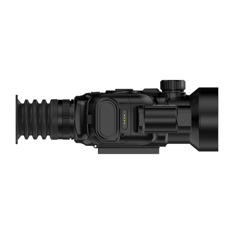 ThermTec Vidar-LRF 650L 2.0 thermal compact scope, side view of battery compartment and focus knob