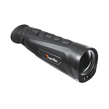 ThermTec Cyclops 335L 3.0 thermal monocular, front three-quarter view of lens, buttons and ThermTec logo