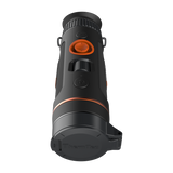 ThermTec Wild 635 thermal monocular, top view from the eyepiece end with lens cap closed