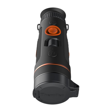 ThermTec Wild 635 thermal monocular, top view from the eyepiece end with lens cap closed