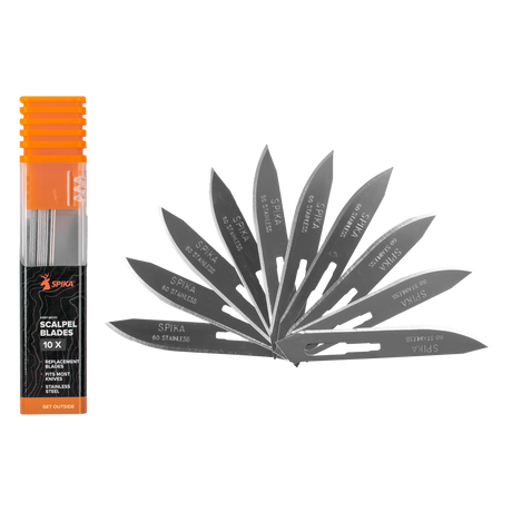 Spika Command replacement scalpel blades fanned out beside the 10 pack retail tube