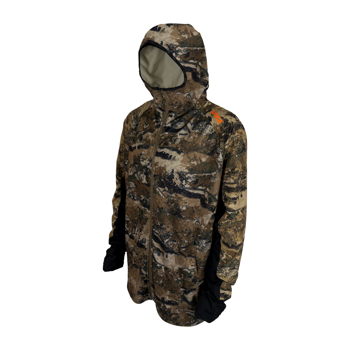 Spika men's microfleece zip-through hoodie in Biarri Camo, three-quarter view with hood up