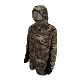 Spika men's microfleece zip-through hoodie in Biarri Camo, three-quarter view with hood up