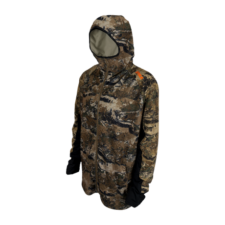 Spika men's microfleece zip-through hoodie in Biarri Camo, three-quarter view with hood up