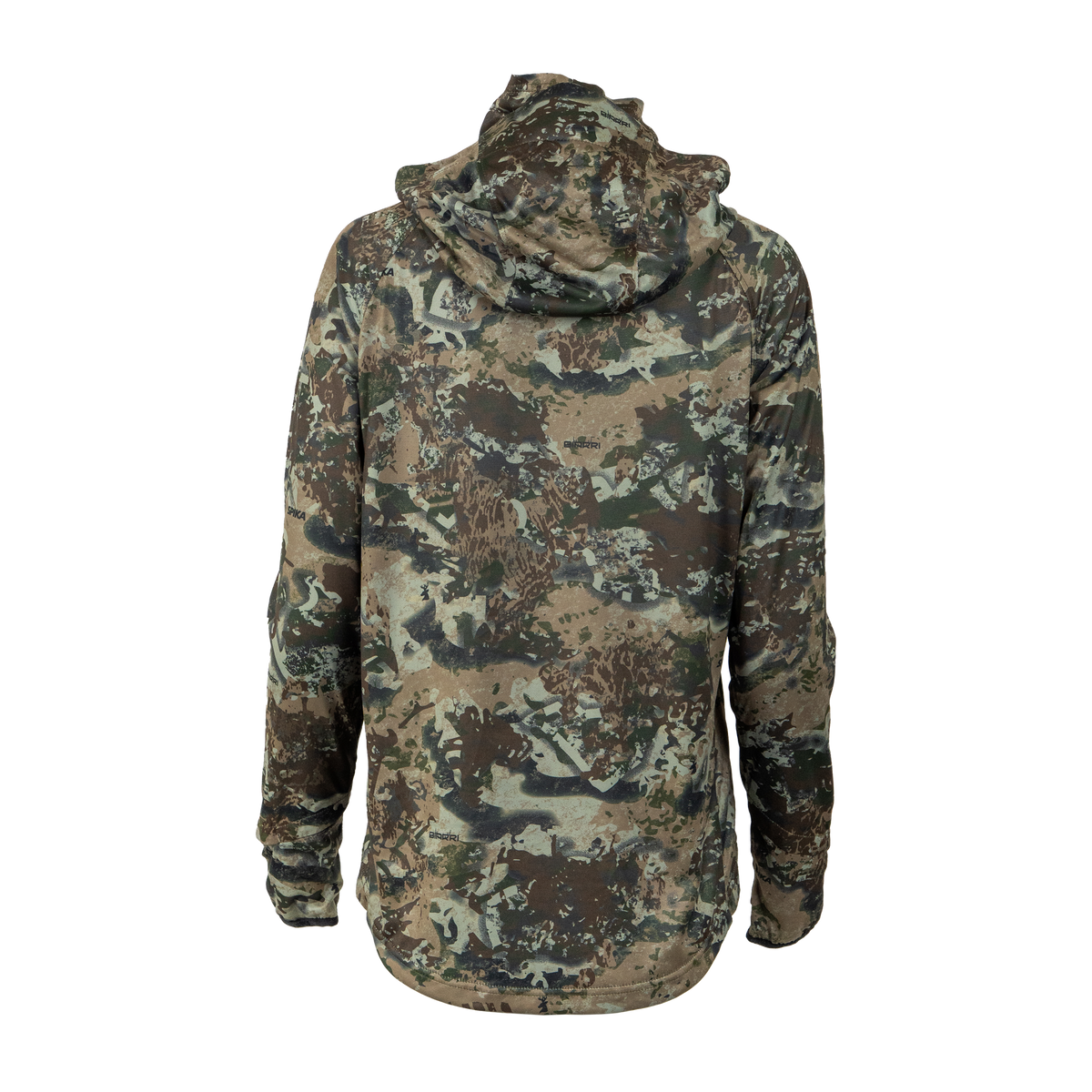 Spika Bandit women's Biarri Camo hoodie, back view showing the hood and curved hem