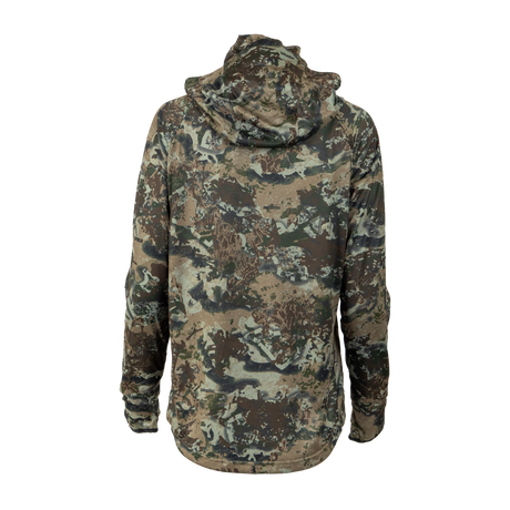 Spika Bandit women's Biarri Camo hoodie, back view showing the hood and curved hem