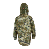 Spika Valley kids' hunting jacket in Biarri Camo, back view with hood and orange pull tab