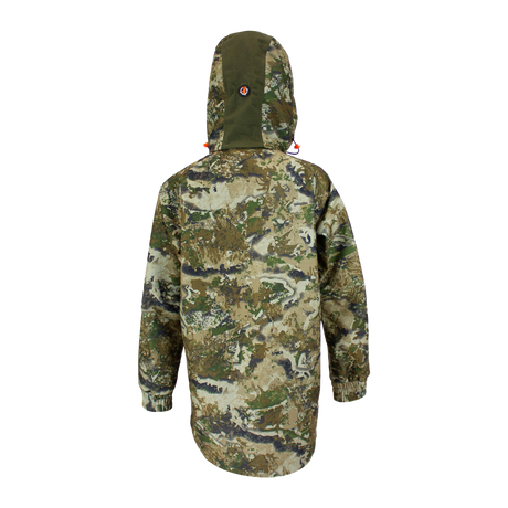 Spika Valley kids' hunting jacket in Biarri Camo, back view with hood and orange pull tab