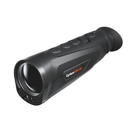 ThermTec Cyclops 335L 3.0 thermal monocular, front three-quarter view of objective lens and model label
