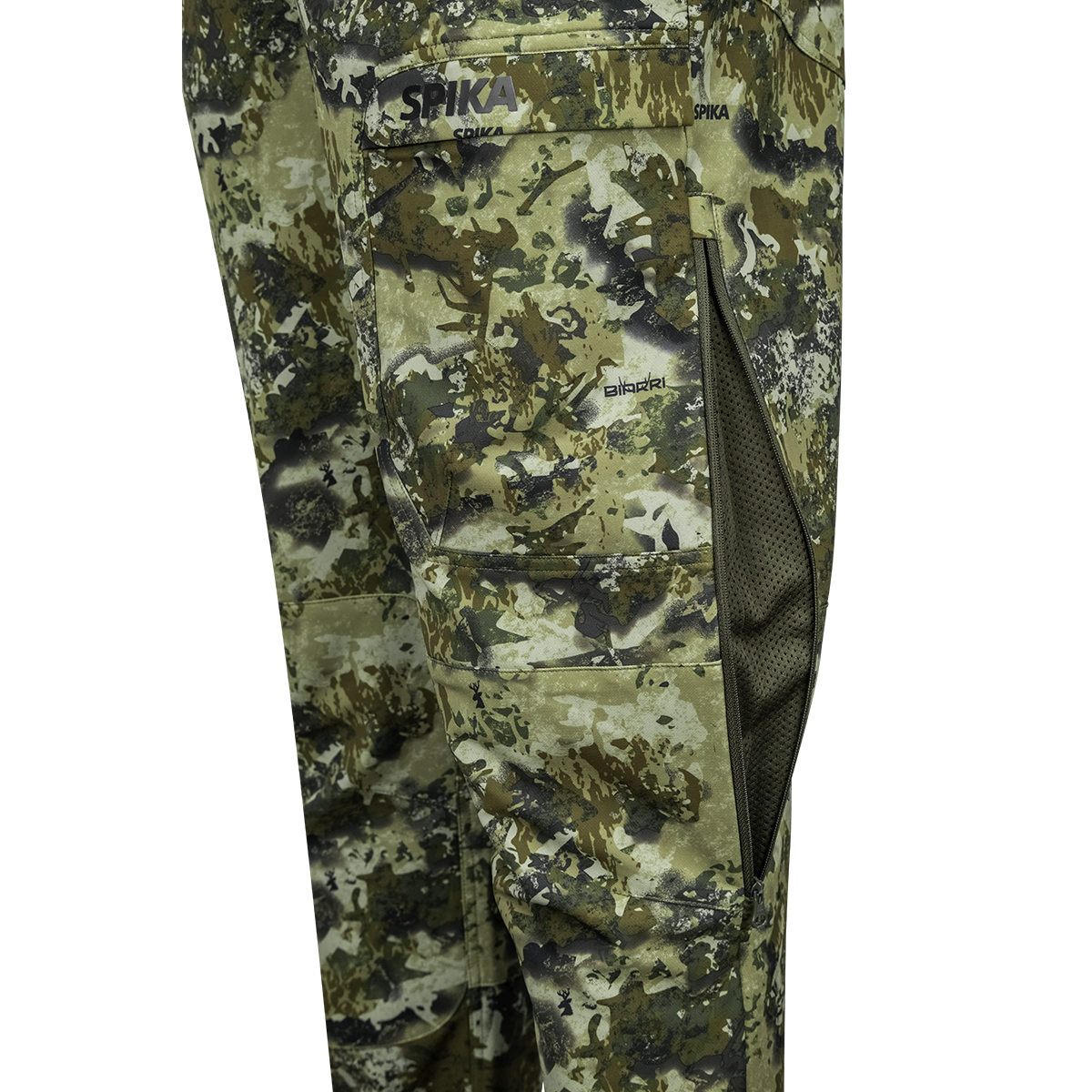 Spika Recon men's pants in Biarri Camo, close-up of zipped side leg vent with mesh lining