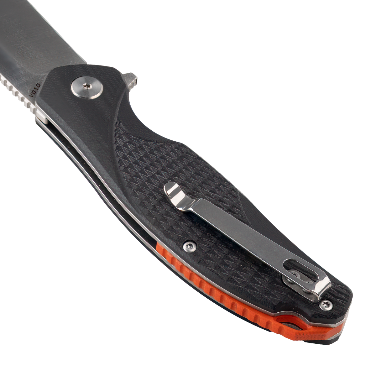 Close-up of the Spika Bushmaster Raider handle back with steel pocket clip and orange liner edge