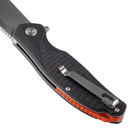 Close-up of the Spika Bushmaster Raider handle back with steel pocket clip and orange liner edge