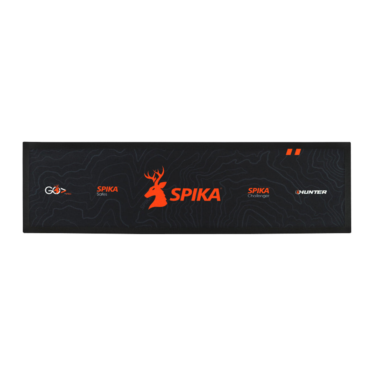 Black Spika bar mat featuring the orange Spika stag logo, Spika Challenger and Hunter logos