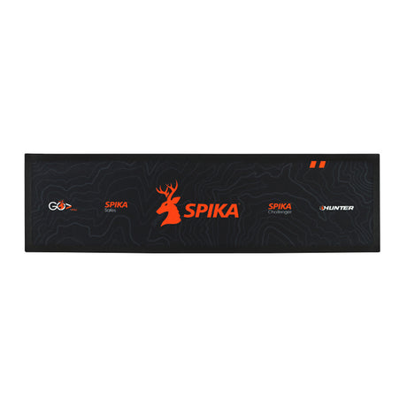 Black Spika bar mat featuring the orange Spika stag logo, Spika Challenger and Hunter logos