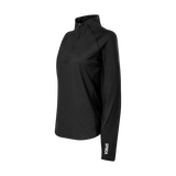 Spika GO AVP women's black half-zip top, three-quarter side view showing raglan sleeve and cuff logo