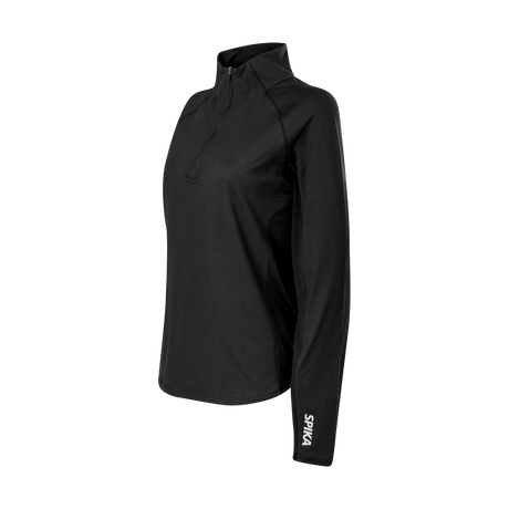 Spika GO AVP women's black half-zip top, three-quarter side view showing raglan sleeve and cuff logo
