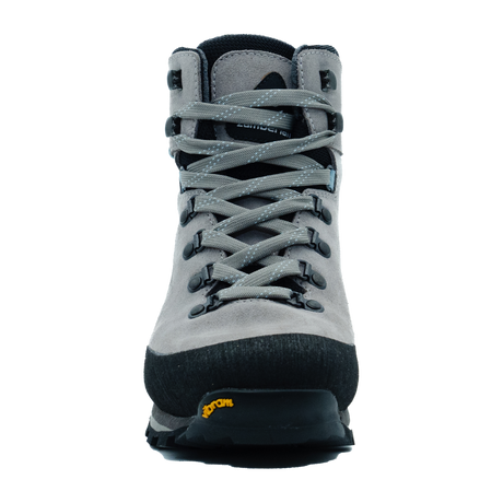 Zamberlan 336 Thyone GTX women's hiking boot in light grey, front view of toe rand and grey laces