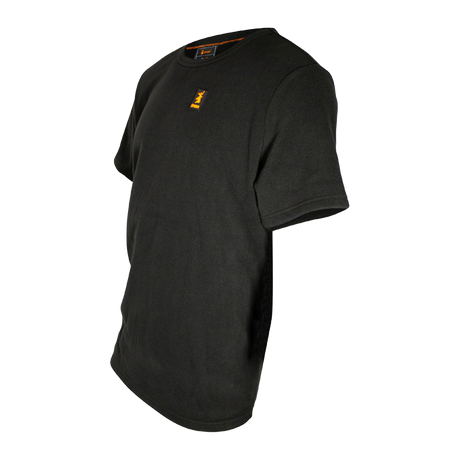 Spika Alpine men's black fleece t-shirt, angled side view showing the sleeve and chest logo
