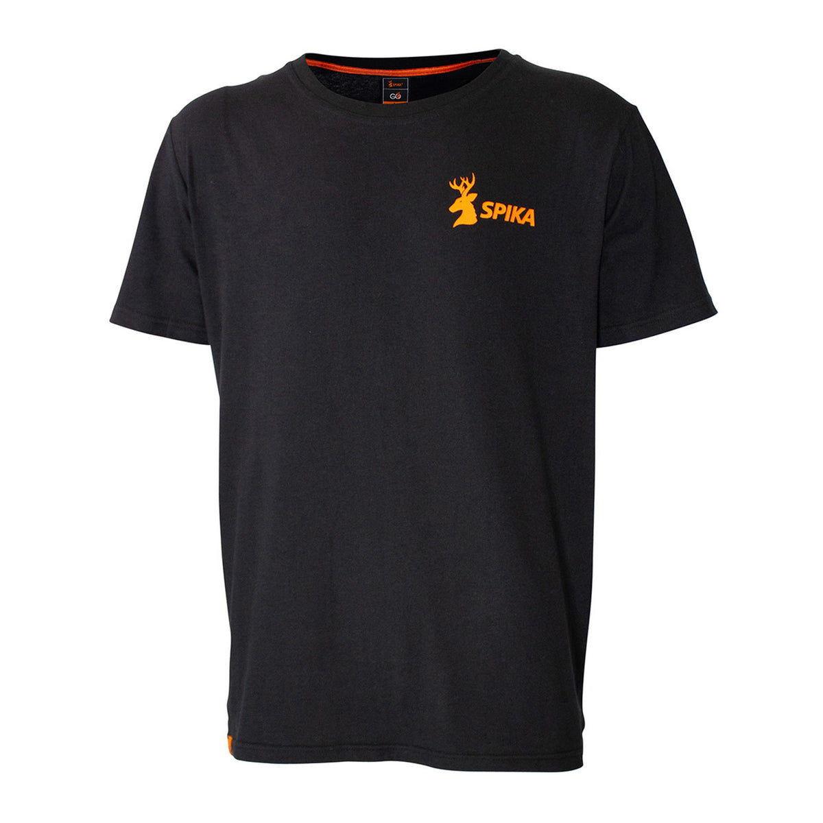 Spika GO Classic kids' black T-shirt, front view with small orange stag SPIKA chest logo