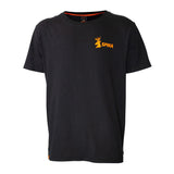 Spika GO Classic kids' black T-shirt, front view with small orange stag SPIKA chest logo