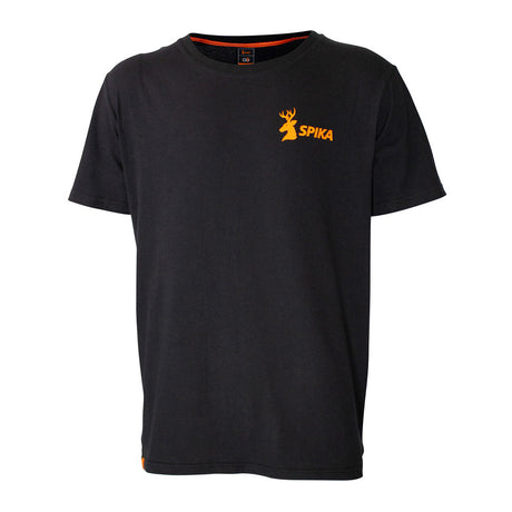 Spika GO Classic kids' black T-shirt, front view with small orange stag SPIKA chest logo