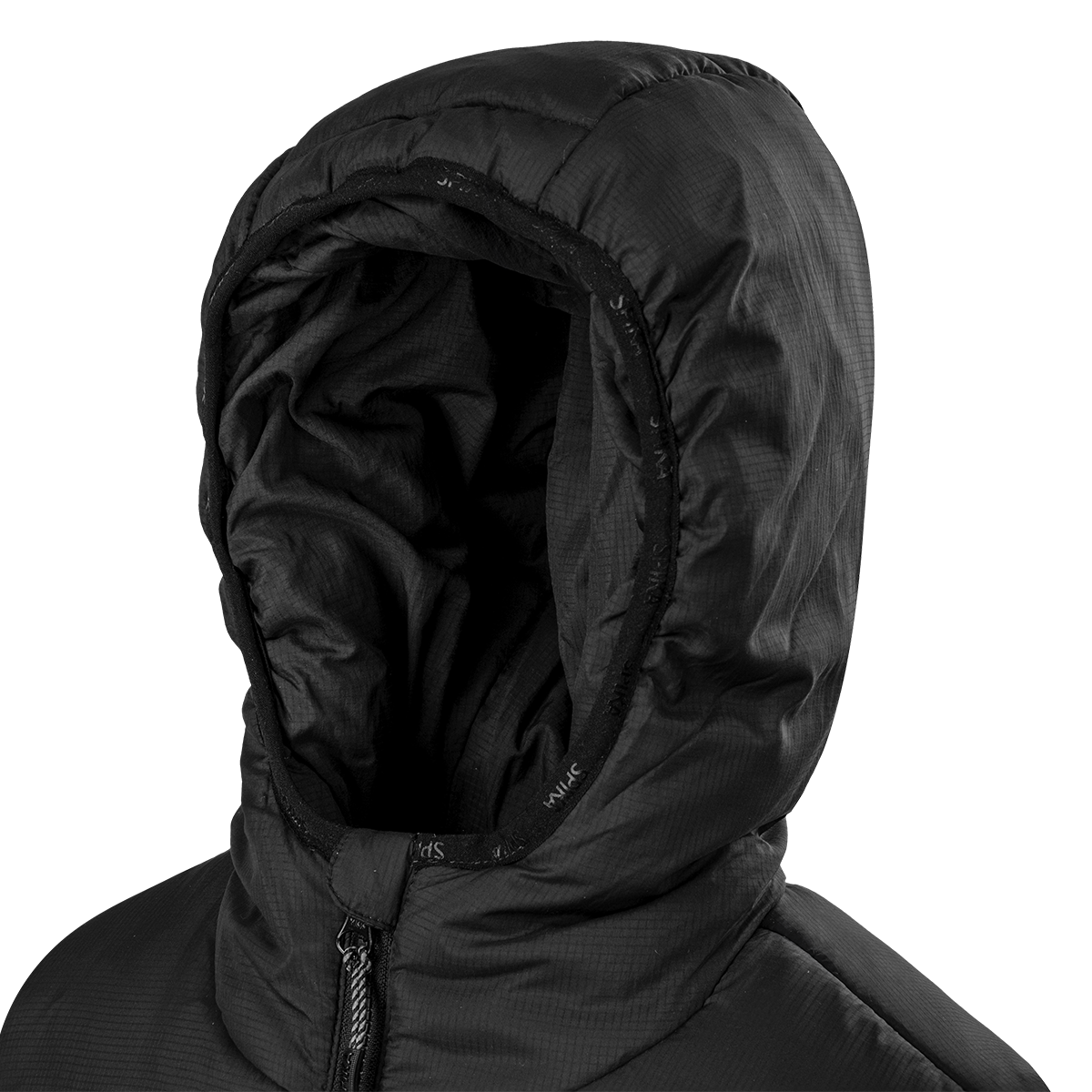 Spika Terra kids' puffer jacket in Black, close-up of the insulated hood and inner lining