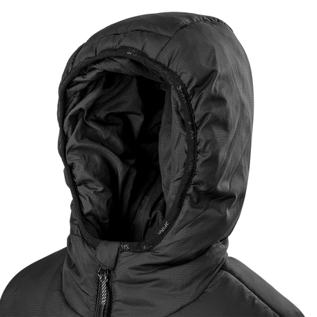 Spika Terra kids' puffer jacket in Black, close-up of the insulated hood and inner lining