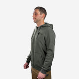 Model in the Spika GO Core men's olive zip-through hoodie, three-quarter side view
