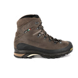 Zamberlan 960 Guide GTX RR WL men's hiking boot in dark brown, outer side profile with Gore-Tex tab and rubber rand