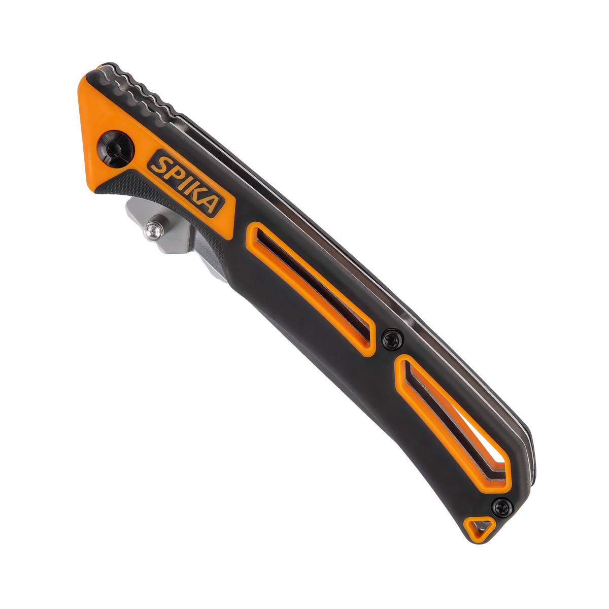Spika Command folding scalpel closed, orange and black handle with cutouts and Spika logo