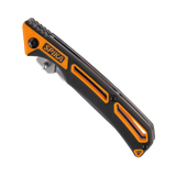 Spika Command folding scalpel closed, orange and black handle with cutouts and Spika logo