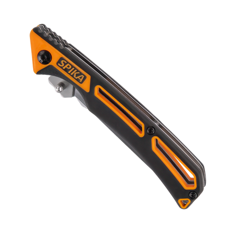 Spika Command folding scalpel closed, orange and black handle with cutouts and Spika logo
